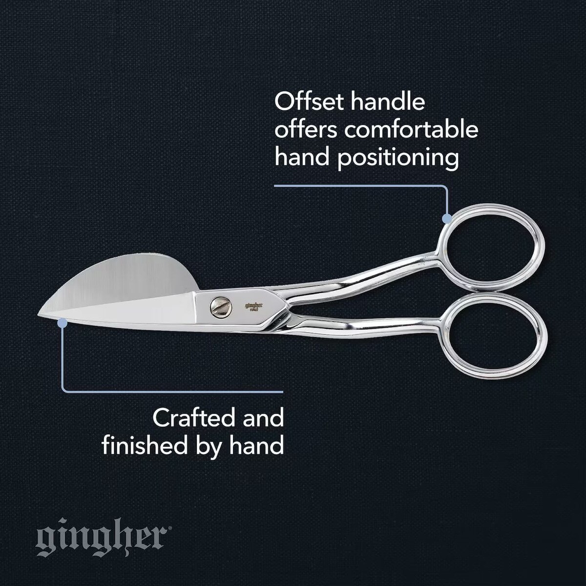 Offset handle provides a comfortable hand position. Shears are crafted and finished by hand